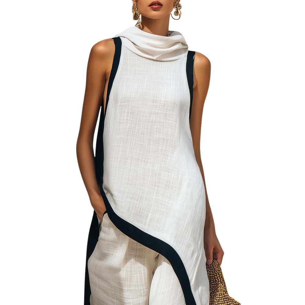 Tenue femme en lin et coton avec tunique asymétrique et pantalon large