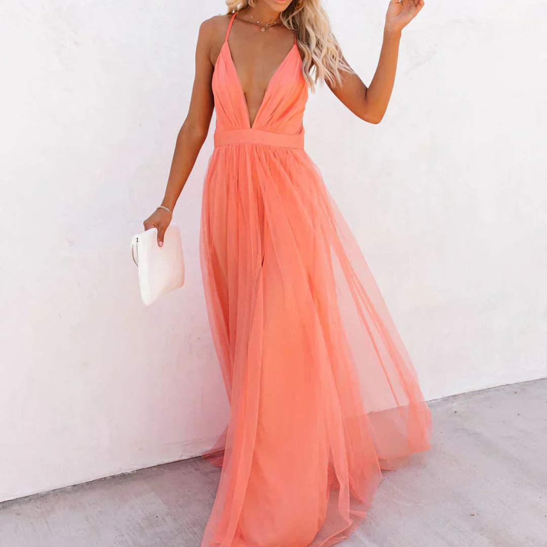 Robe Femme Longue Fluide Col V Dos Nu Élégante Soirée