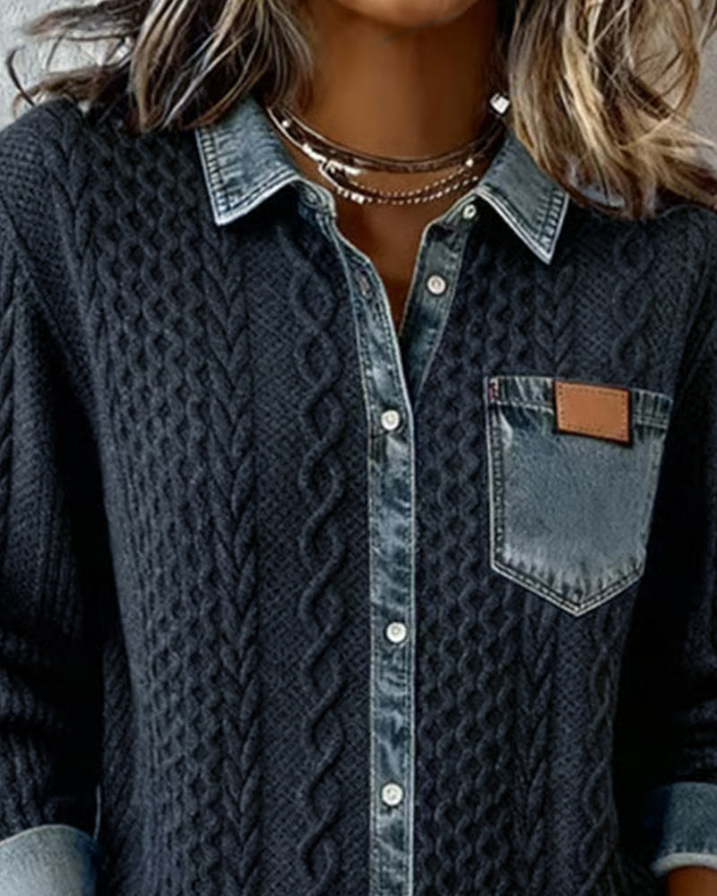 Chemise en maille torsadée avec détails denim pour femme chic et confortable
