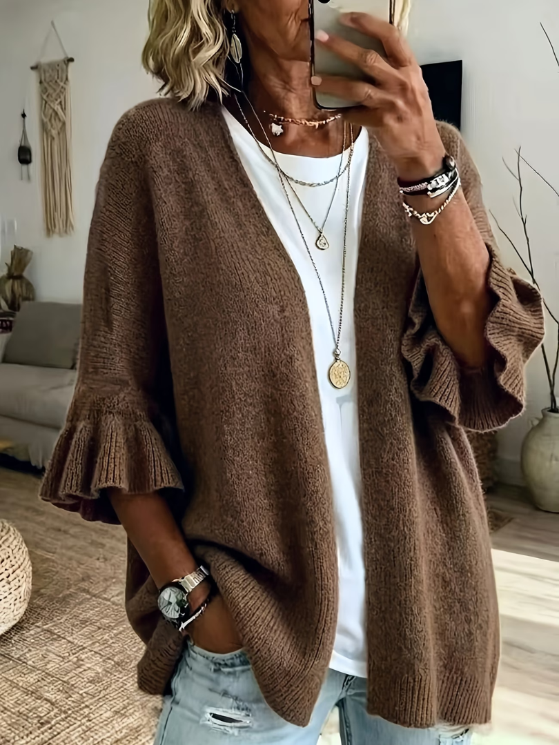 Gilet femme en maille ouvert avec manches volantes