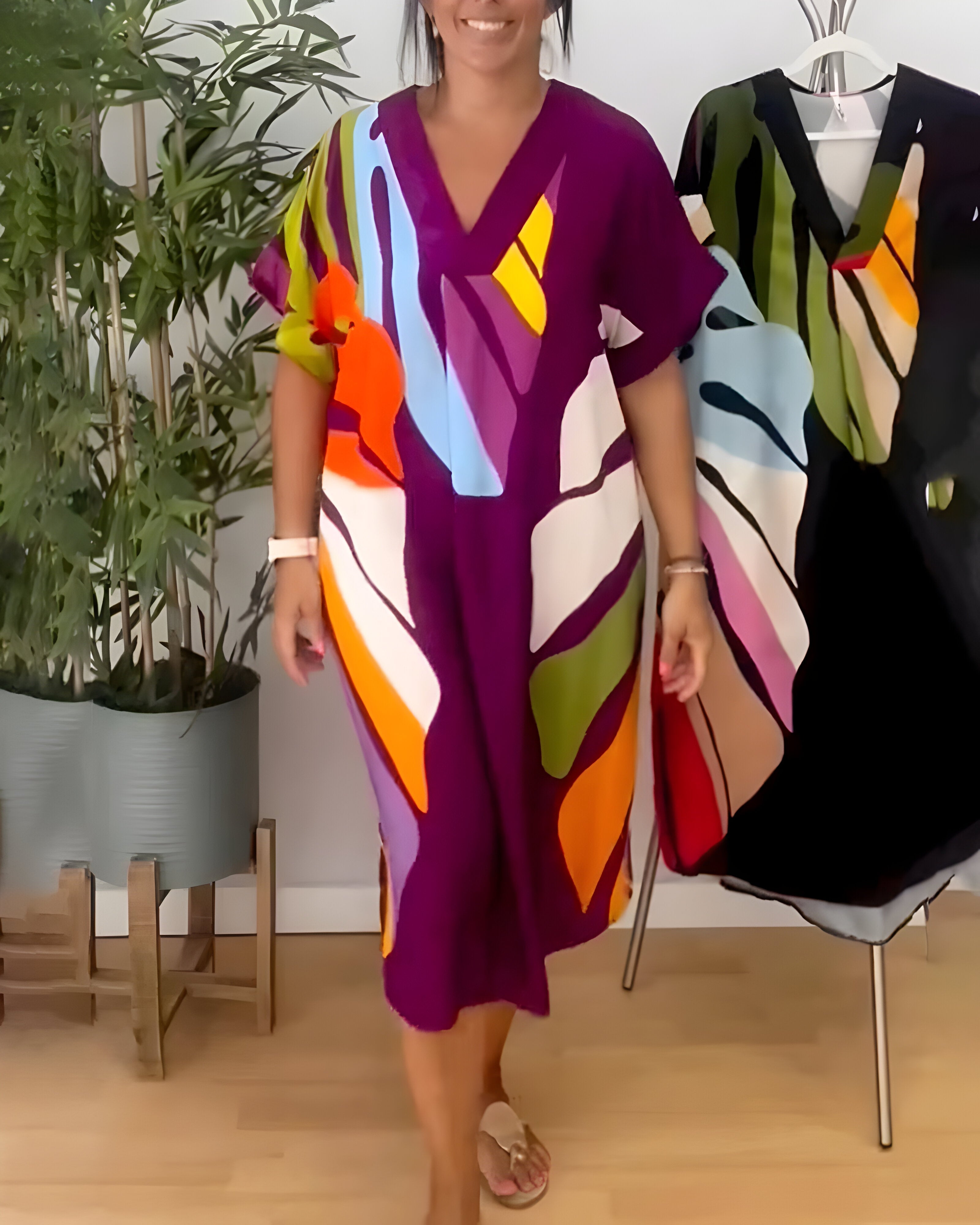 Robe Femme Imprimé Feuillage Coupe Ample Col V Style Décontracté