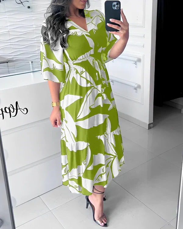 Robe femme à imprimé abstrait avec col V et taille ajustable