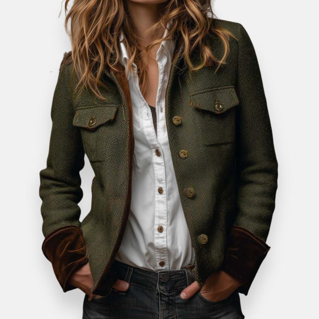Veste en tweed pour femme avec bordure en velours – modèle élégant pour la mi-saison