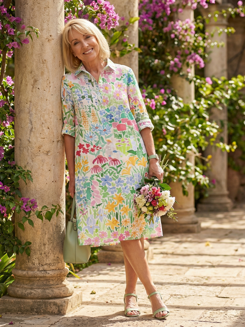 Robe chemise femme à imprimé floral et manches trois-quarts