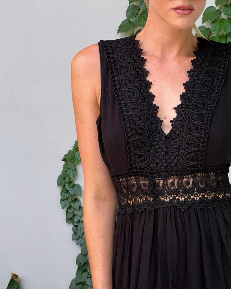 Robe Midi Femme Dentelle Col V Coupe Fluide Sans Manches Style Estival