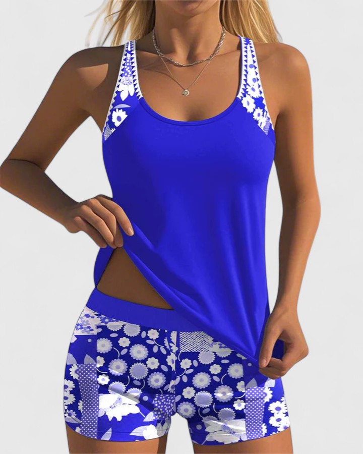Tankini Deux Pièces Femme Top Uni Short Floral Dos Nageur Sportif
