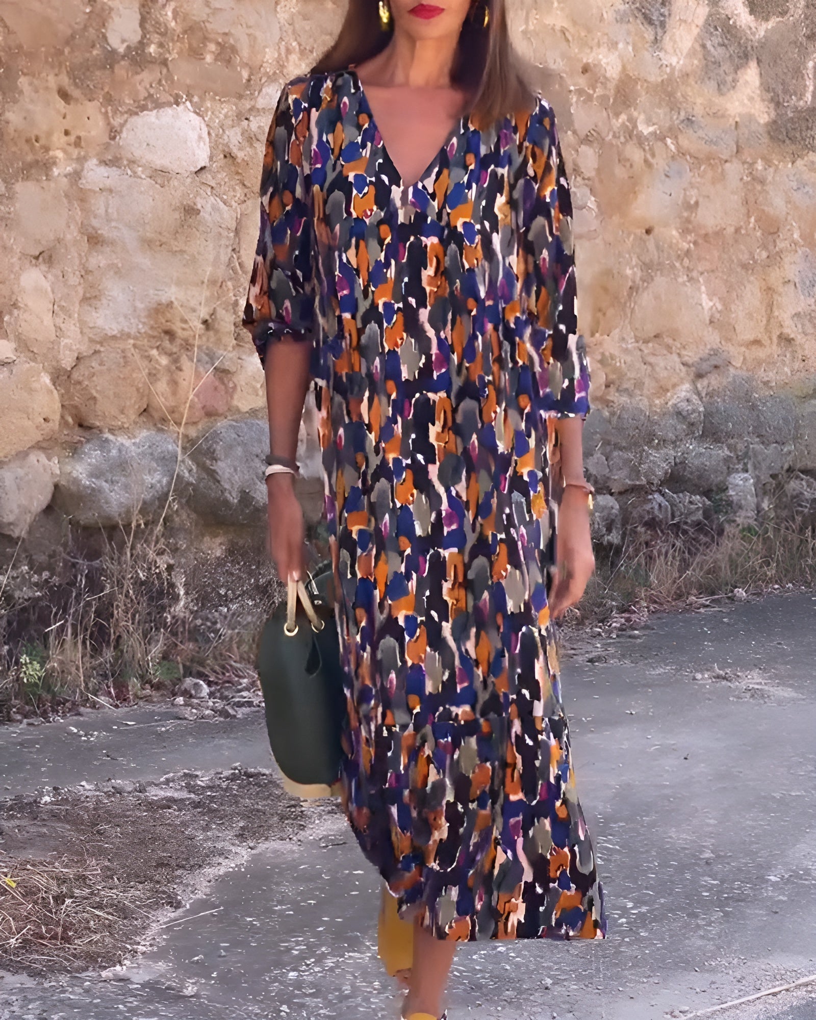 Robe femme longue fluide imprimé rétro col V manches 3/4 élégante