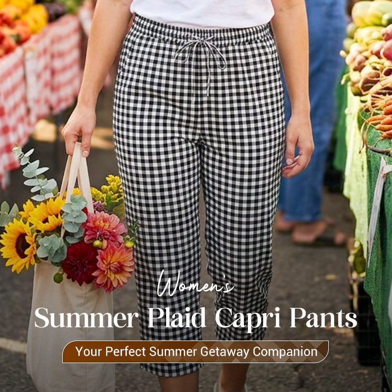 Pantalon capri femme à carreaux vichy et taille élastique