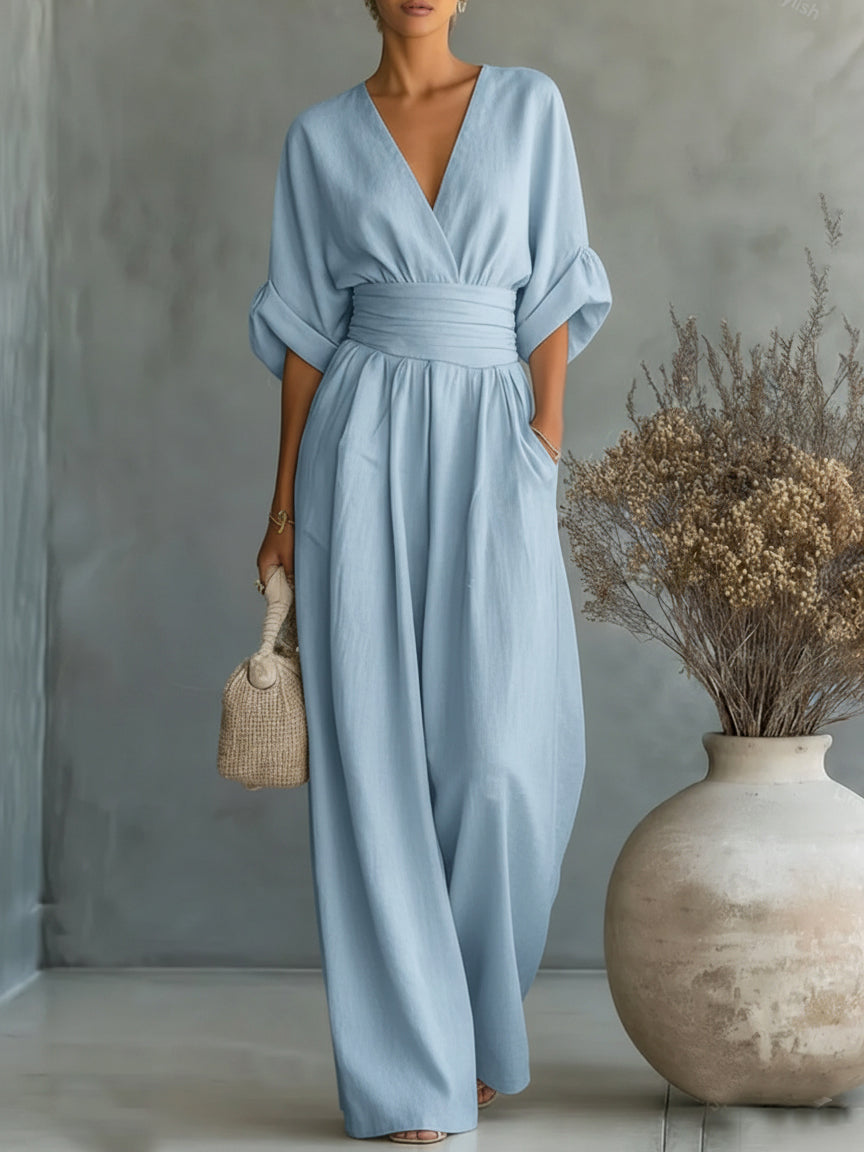 Combinaison Femme Fluide Col V Taille Marquée Élégante