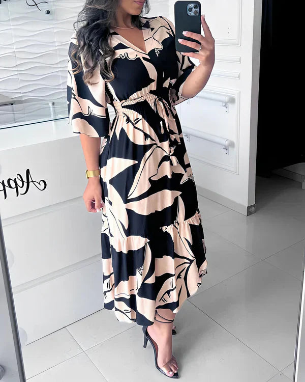 Robe femme à imprimé abstrait avec col V et taille ajustable