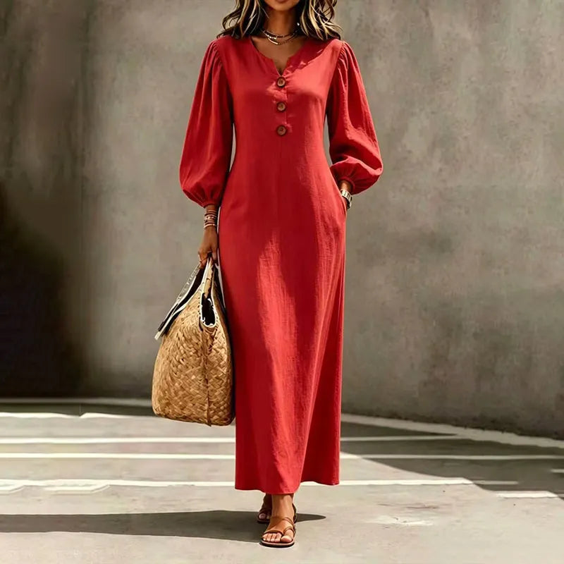 Robe maxi femme à col V et manches bouffantes