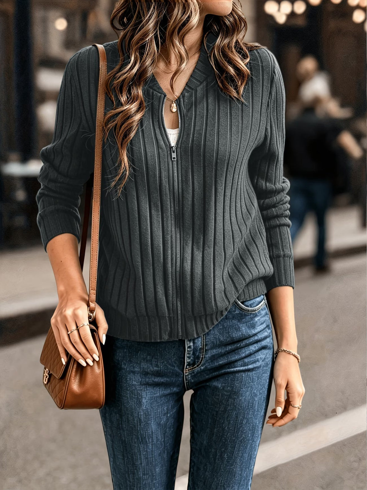 Cardigan femme côtelé avec fermeture zippée
