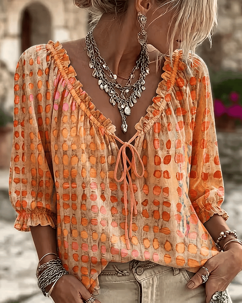 Blouse femme bohème à pois avec col V noué