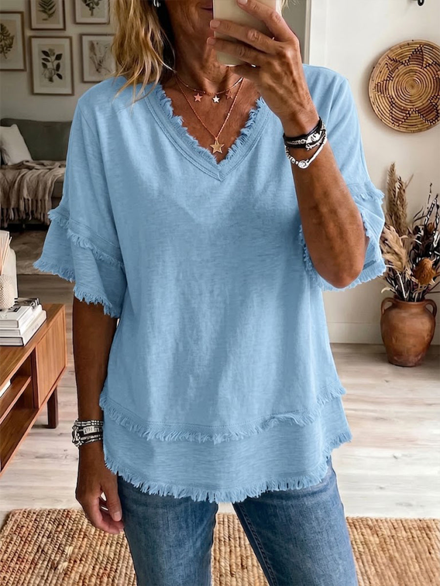 Haut Femme Lin Col V Coupe Décontractée Élégante Été