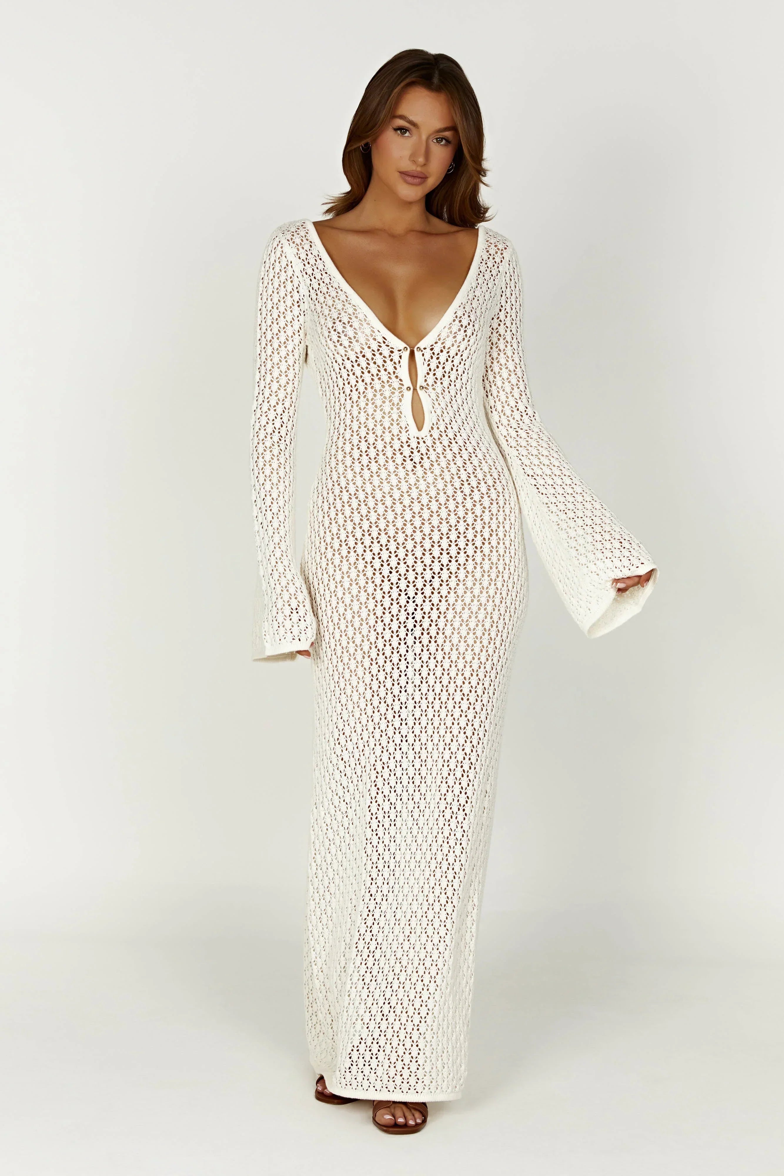 Robe Femme Longue Maille Col V Ajustée Élégante Été Fluide