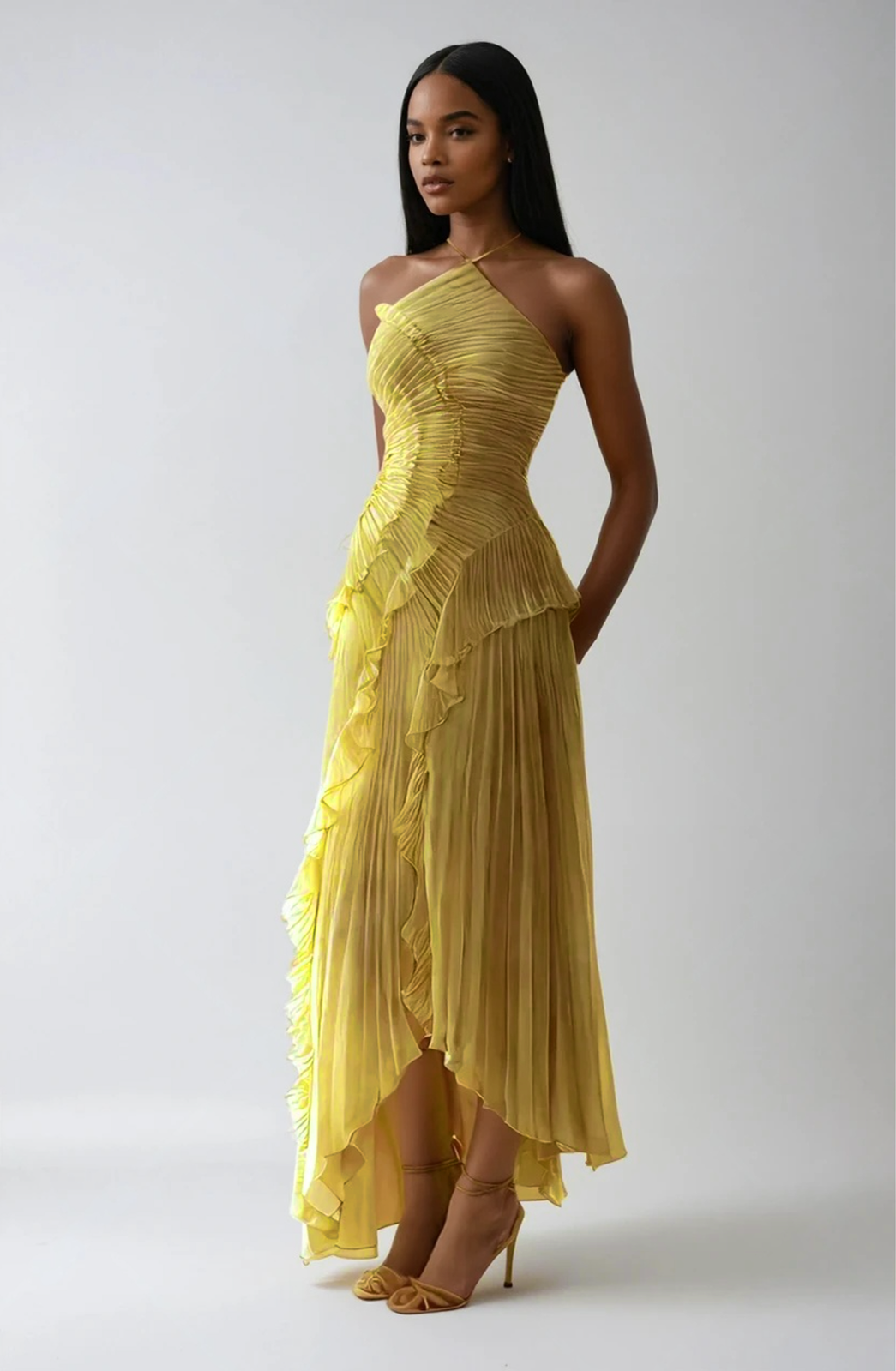 Robe Longue Plissée Femme avec Volants Asymétriques Élégants
