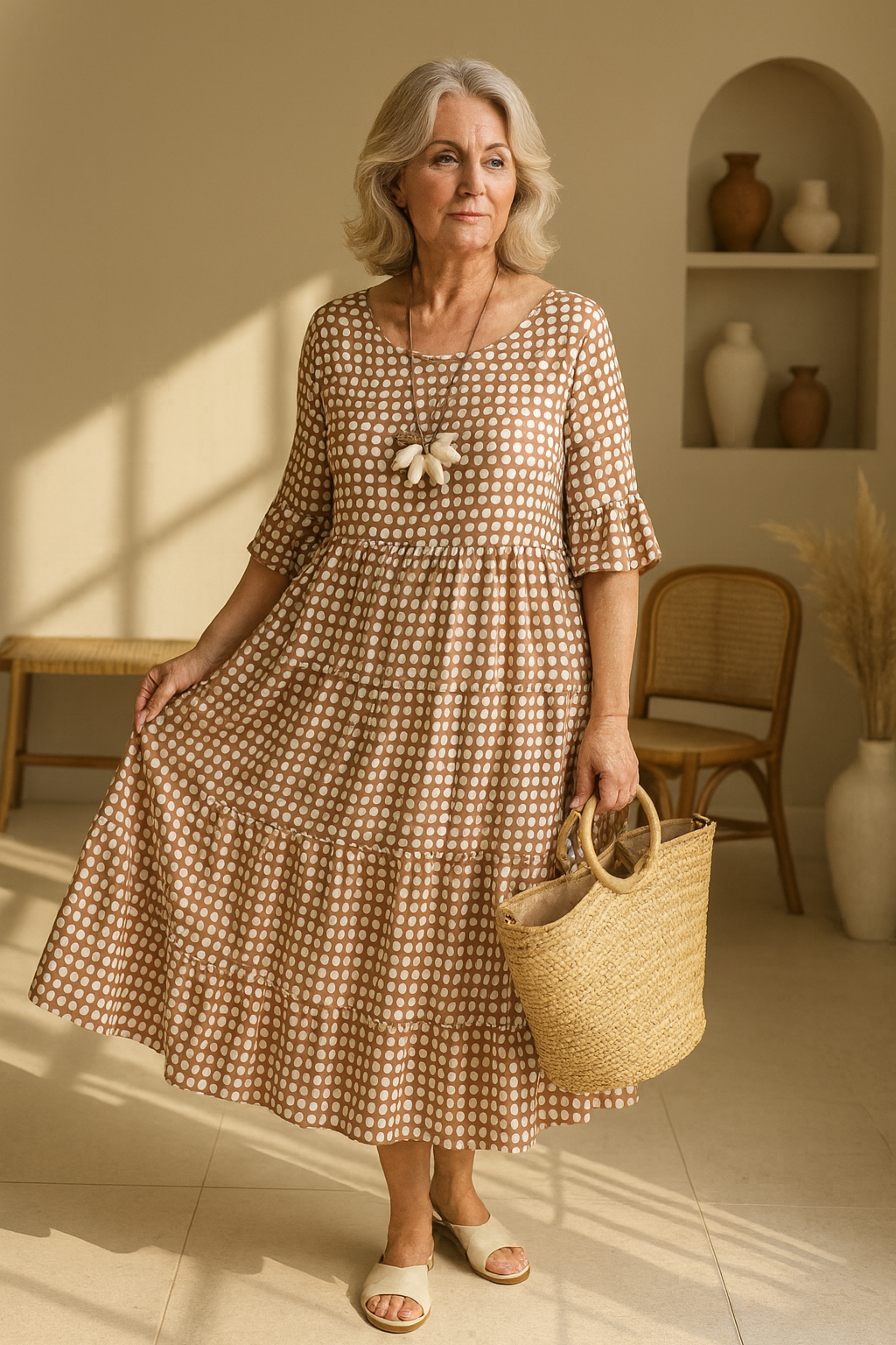 Robe Midi Femme Pois Manches Courtes Volants Fluide Élégante