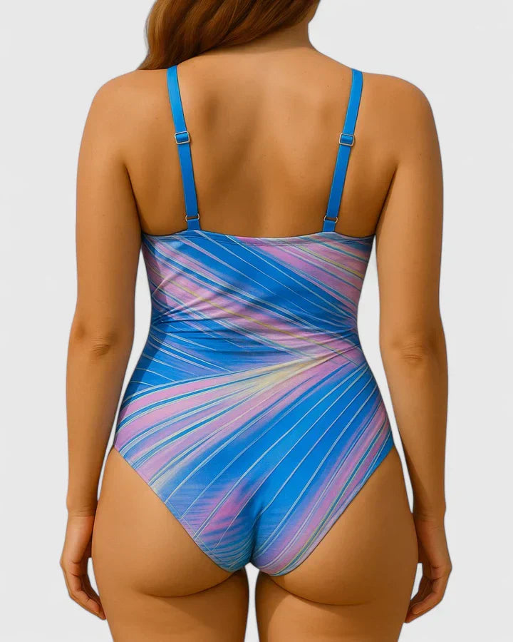Maillot de Bain Femme Une Pièce Rayé Sculptant Décolleté V Élégant Été