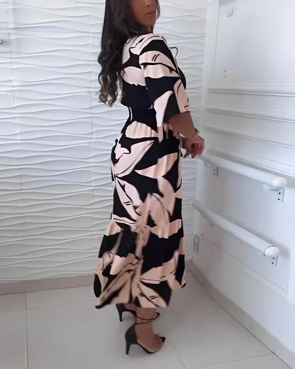 Robe femme à imprimé abstrait avec col V et taille ajustable