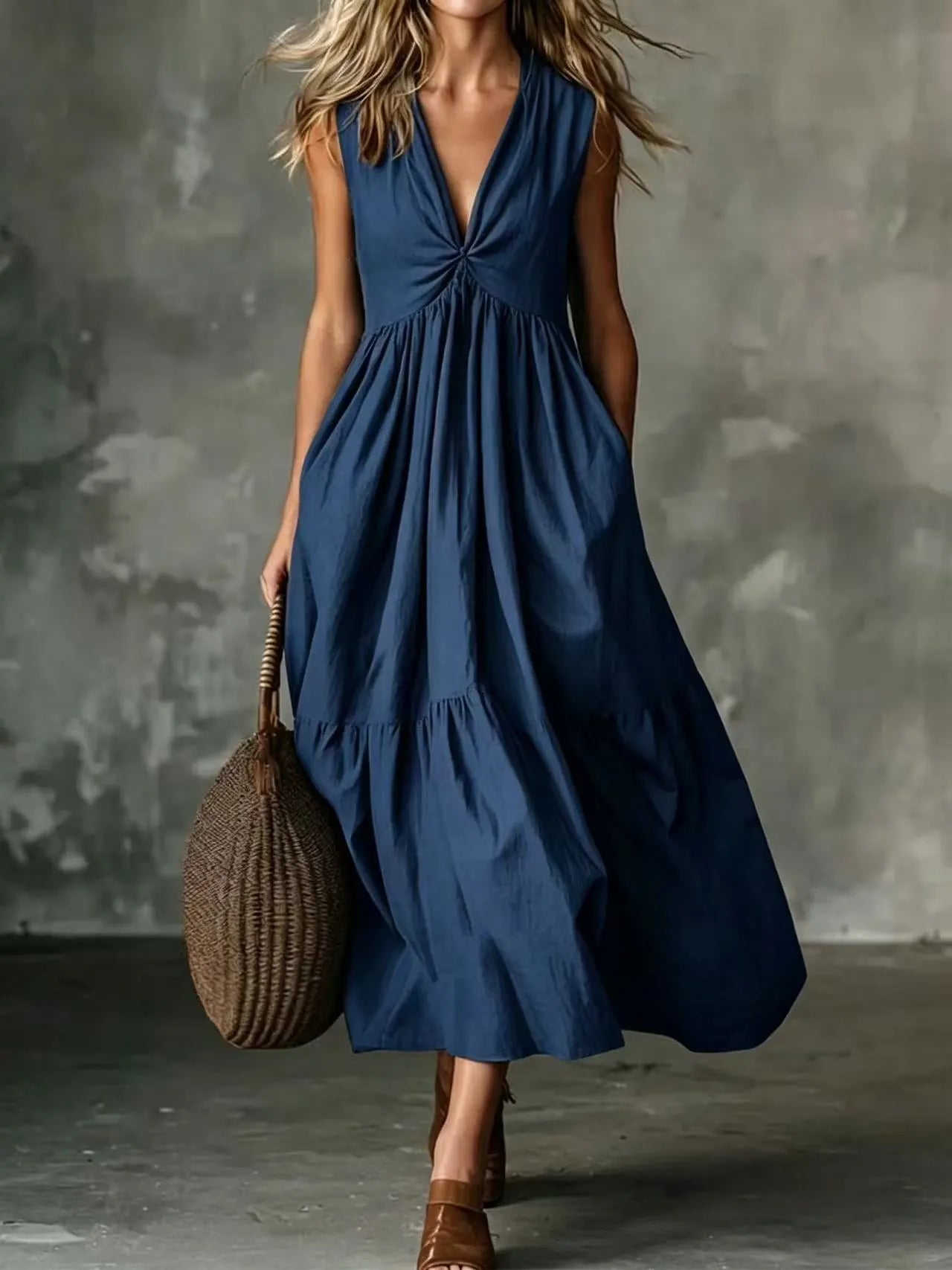 Robe midi femme sans manches à col V avec poches
