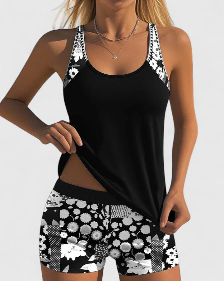 Tankini Deux Pièces Femme Top Uni Short Floral Dos Nageur Sportif