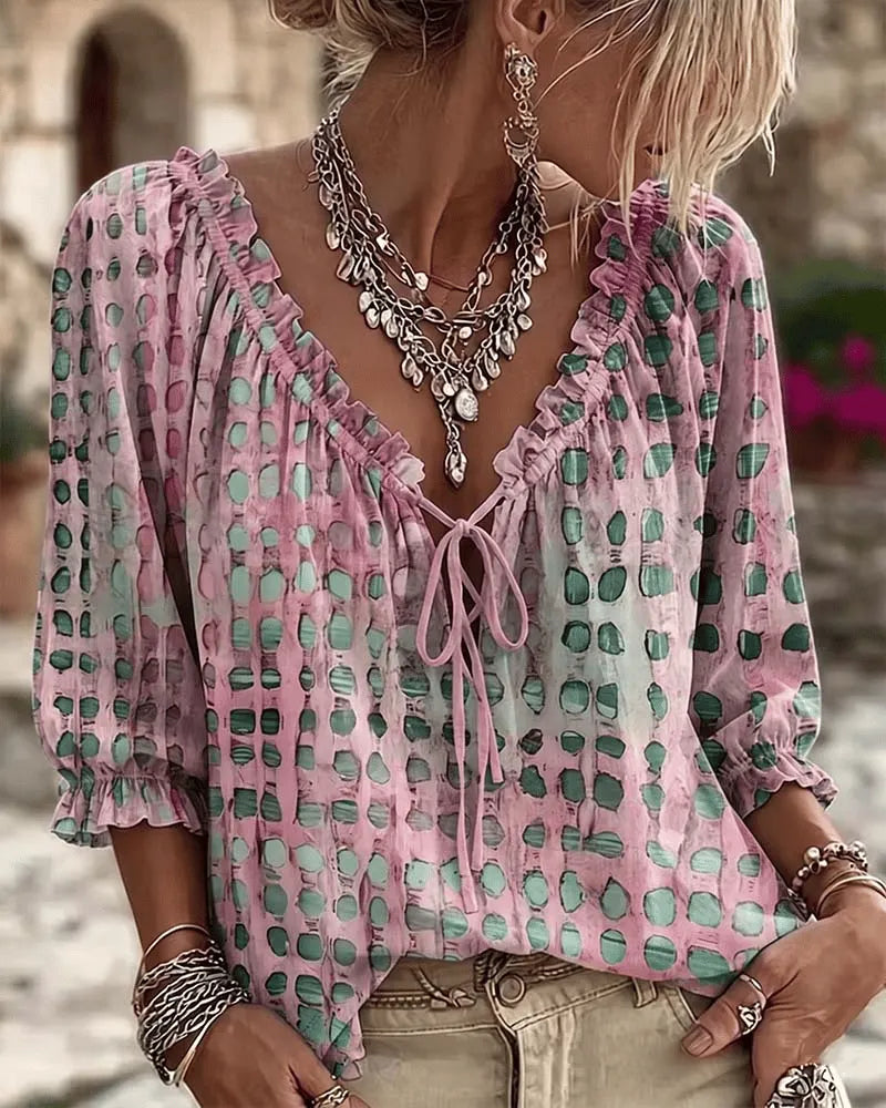 Blouse femme bohème à pois avec col V noué