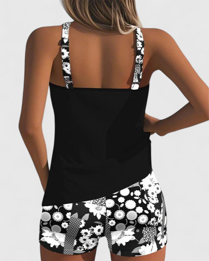Tankini Deux Pièces Femme Top Uni Short Floral Dos Nageur Sportif