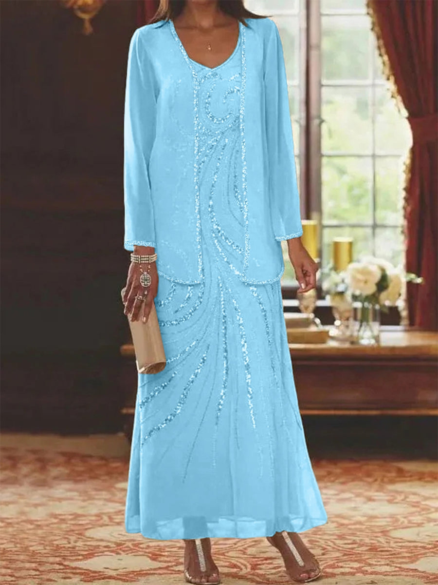 Robe Femme Élégante Longue Avec Veste Paillettes Col V Style Soirée Mariage