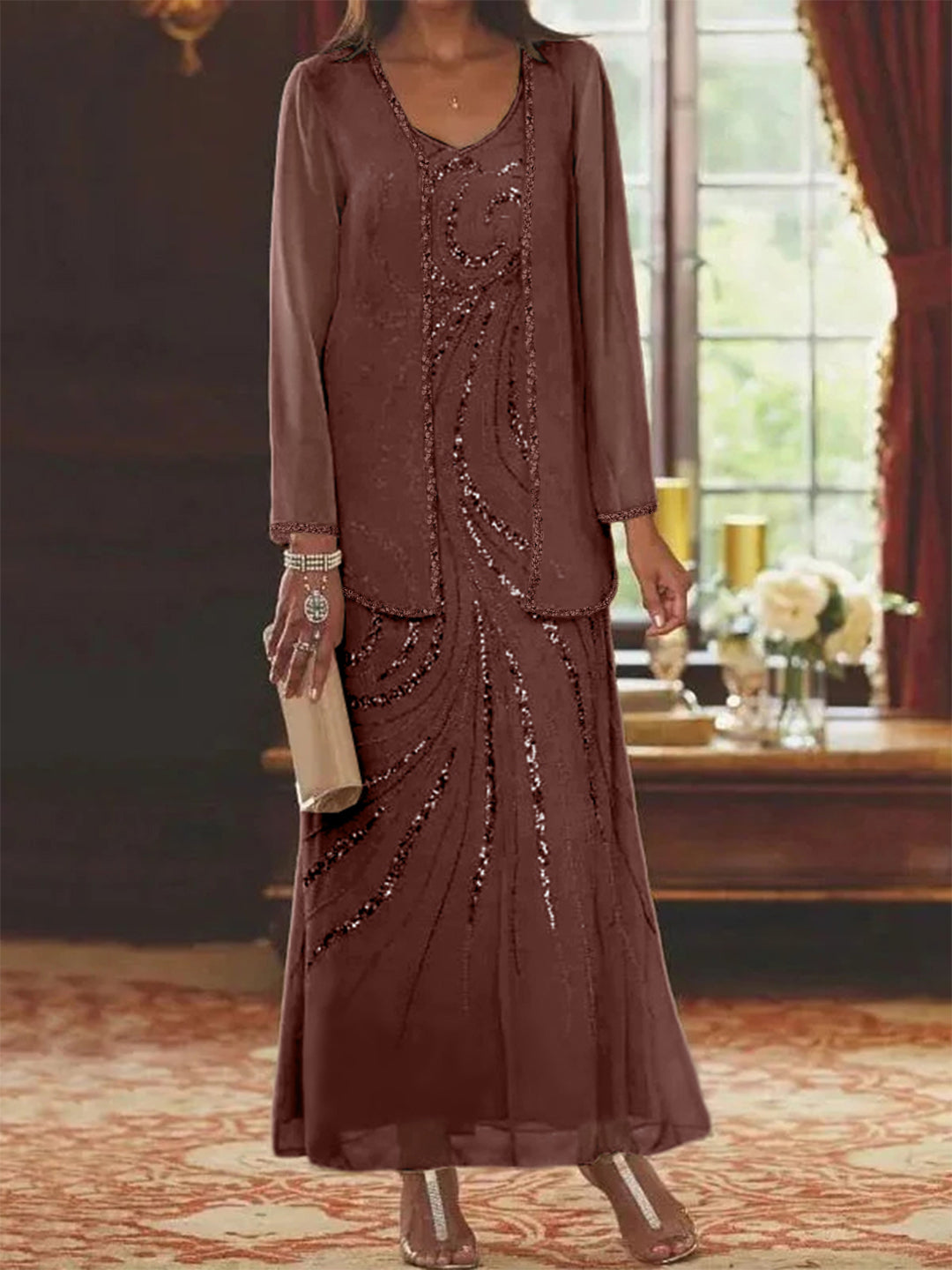Robe Femme Élégante Longue Avec Veste Paillettes Col V Style Soirée Mariage