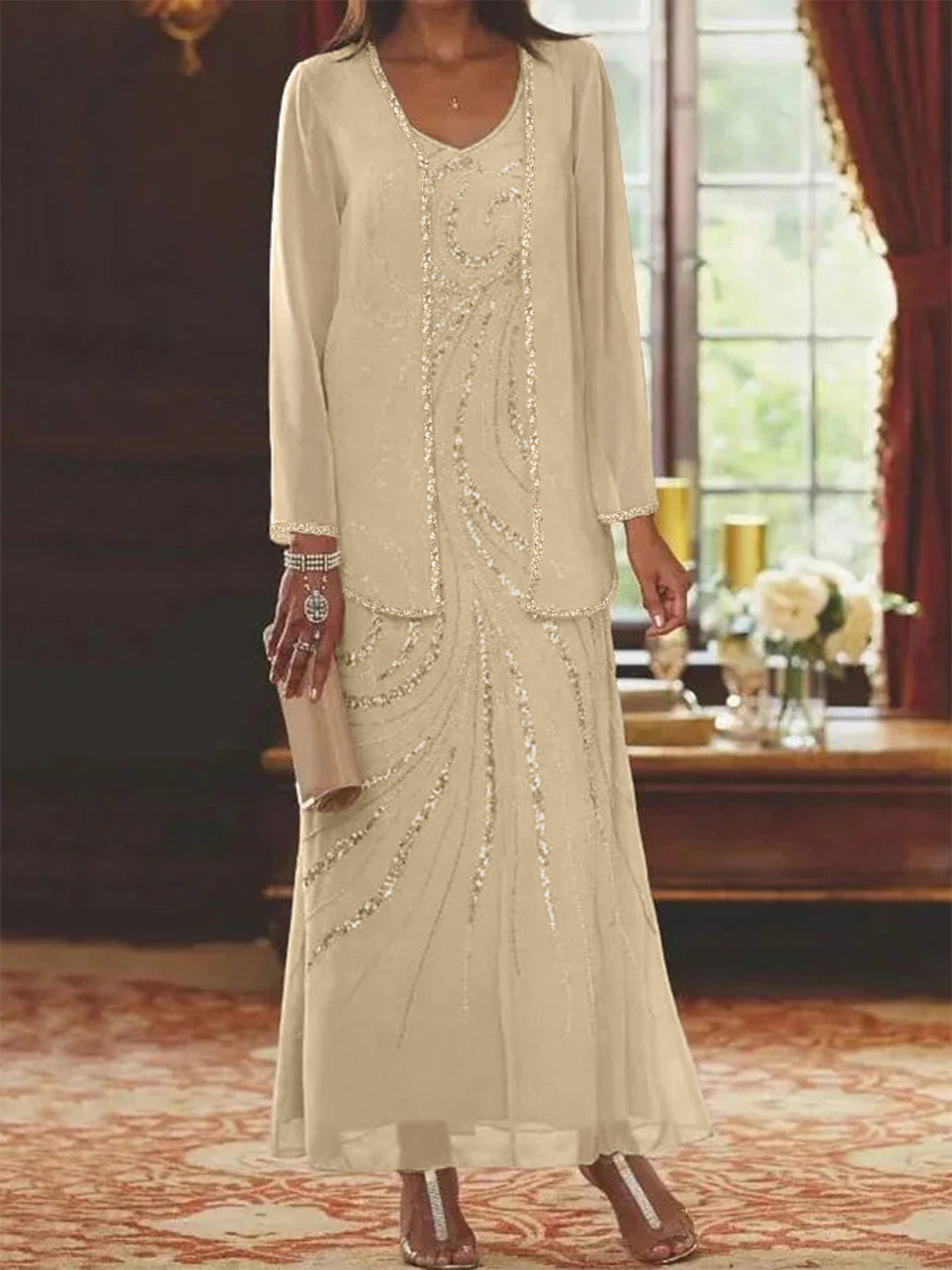 Robe Femme Élégante Longue Avec Veste Paillettes Col V Style Soirée Mariage