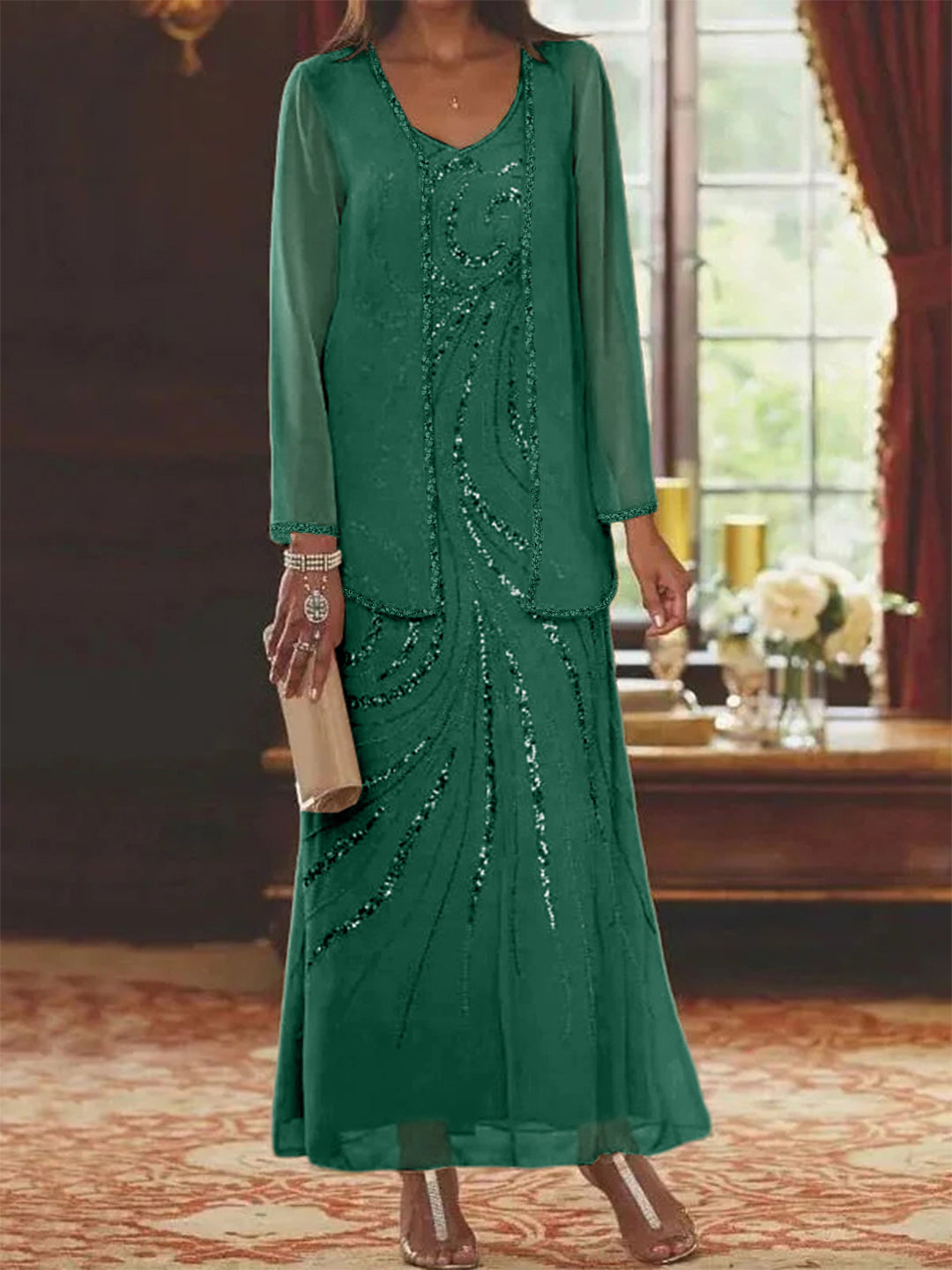 Robe Femme Élégante Longue Avec Veste Paillettes Col V Style Soirée Mariage
