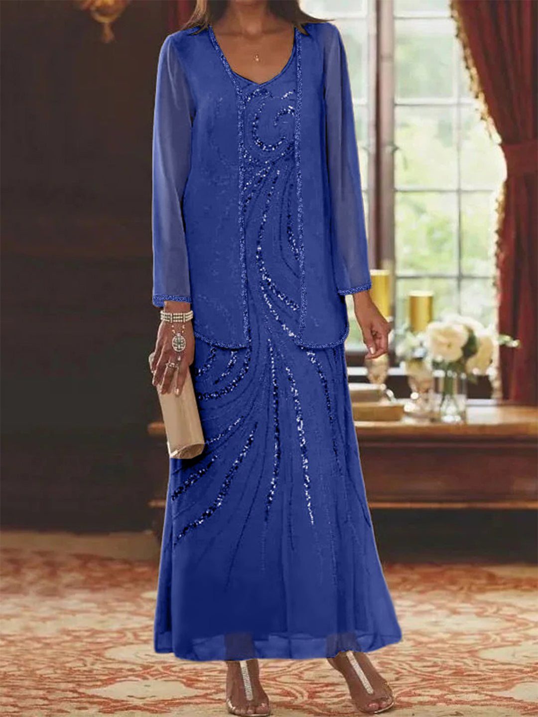 Robe Femme Élégante Longue Avec Veste Paillettes Col V Style Soirée Mariage