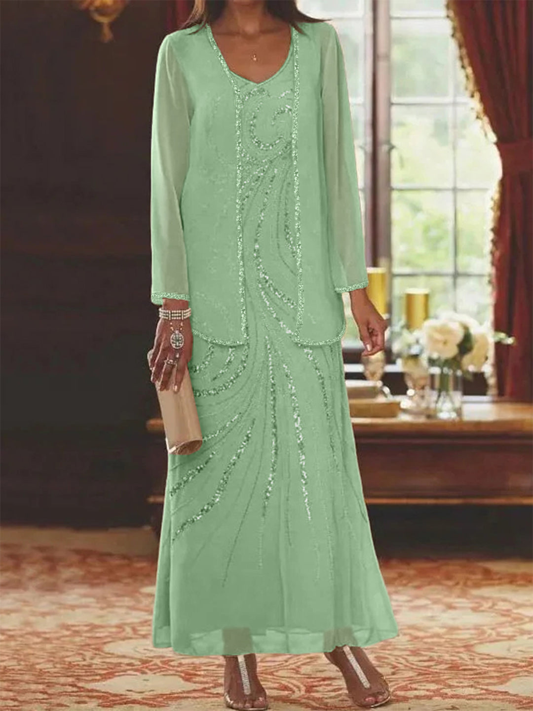 Robe Femme Élégante Longue Avec Veste Paillettes Col V Style Soirée Mariage