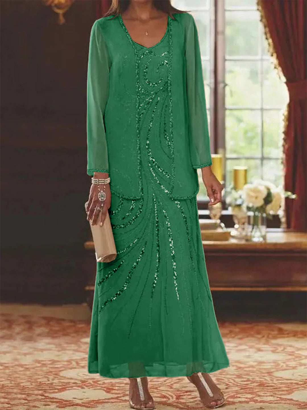 Robe Femme Élégante Longue Avec Veste Paillettes Col V Style Soirée Mariage