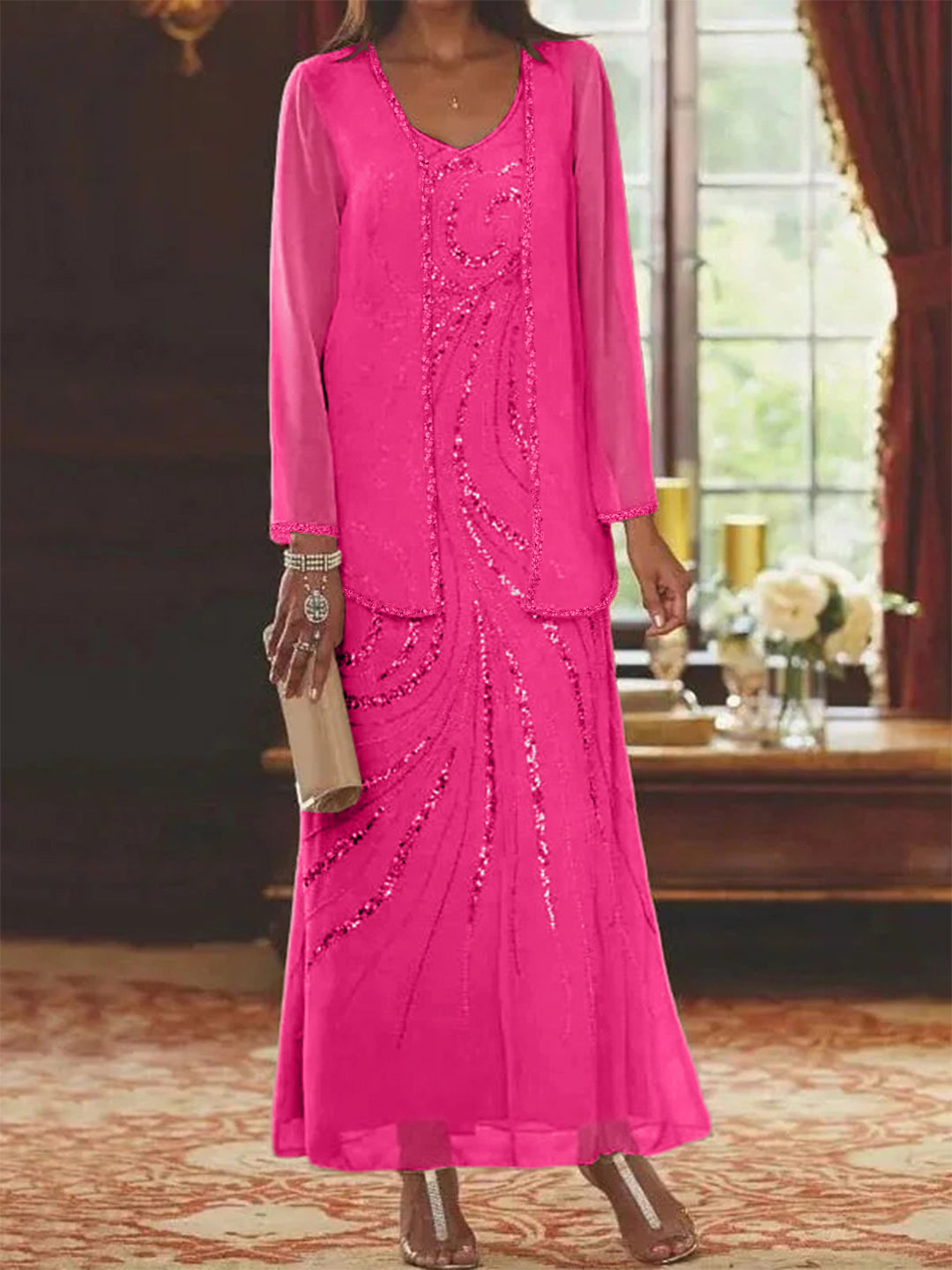 Robe Femme Élégante Longue Avec Veste Paillettes Col V Style Soirée Mariage