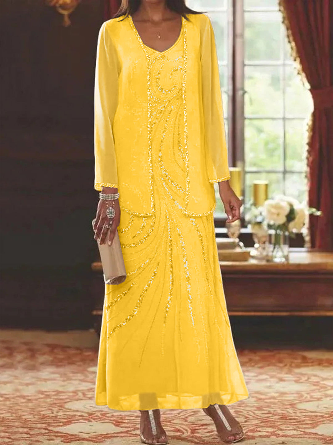 Robe Femme Élégante Longue Avec Veste Paillettes Col V Style Soirée Mariage