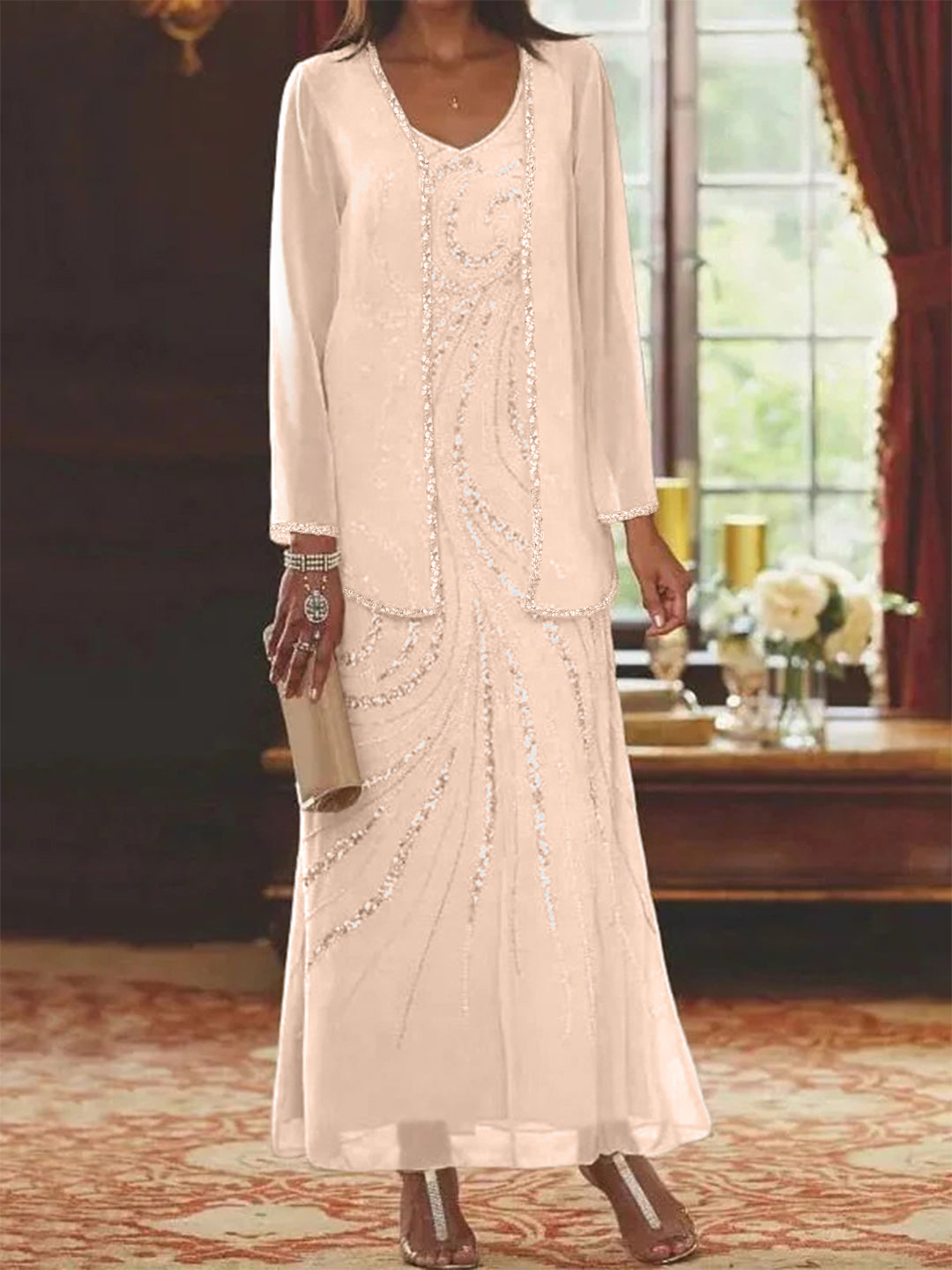 Robe Femme Élégante Longue Avec Veste Paillettes Col V Style Soirée Mariage