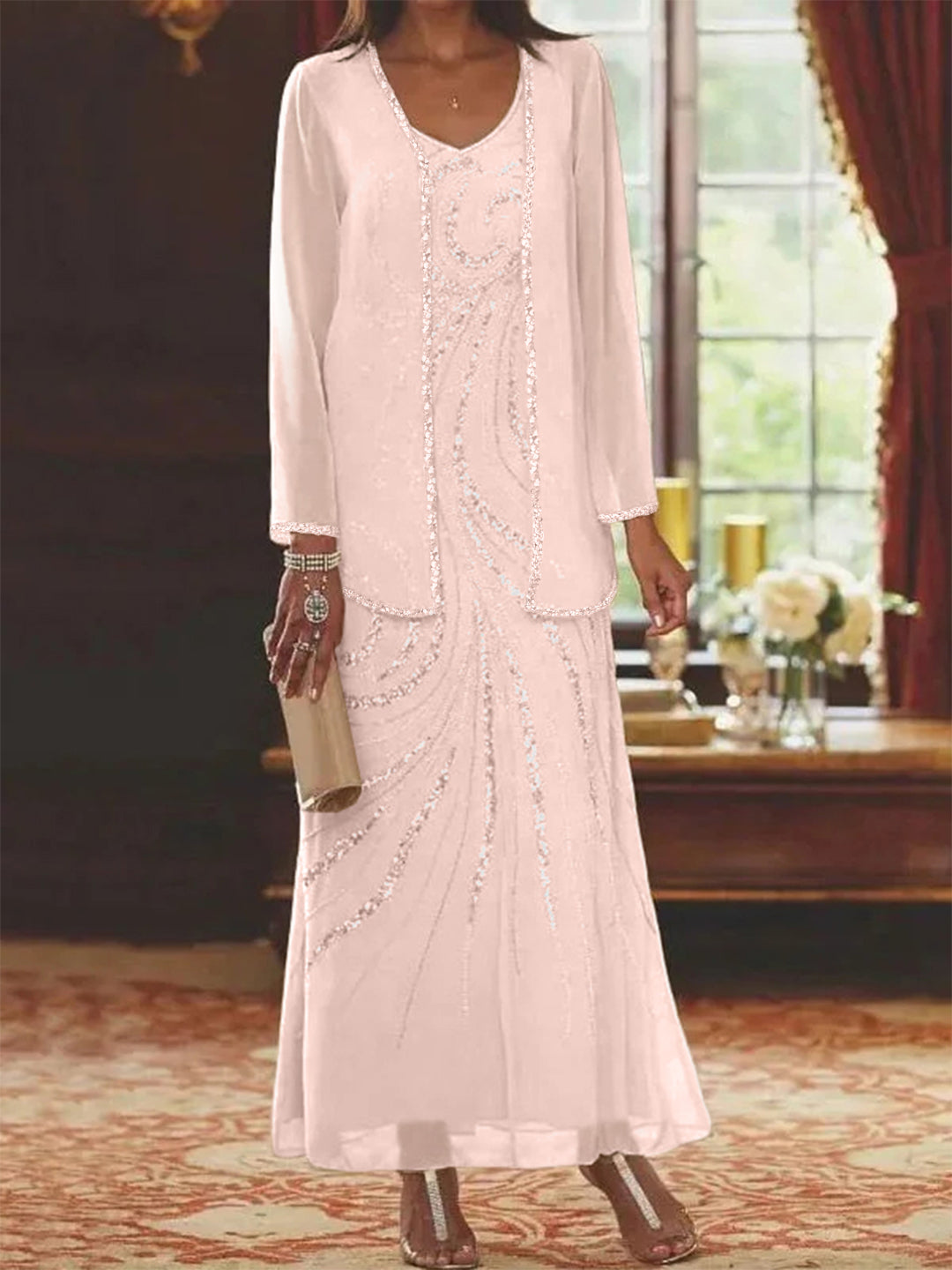 Robe Femme Élégante Longue Avec Veste Paillettes Col V Style Soirée Mariage