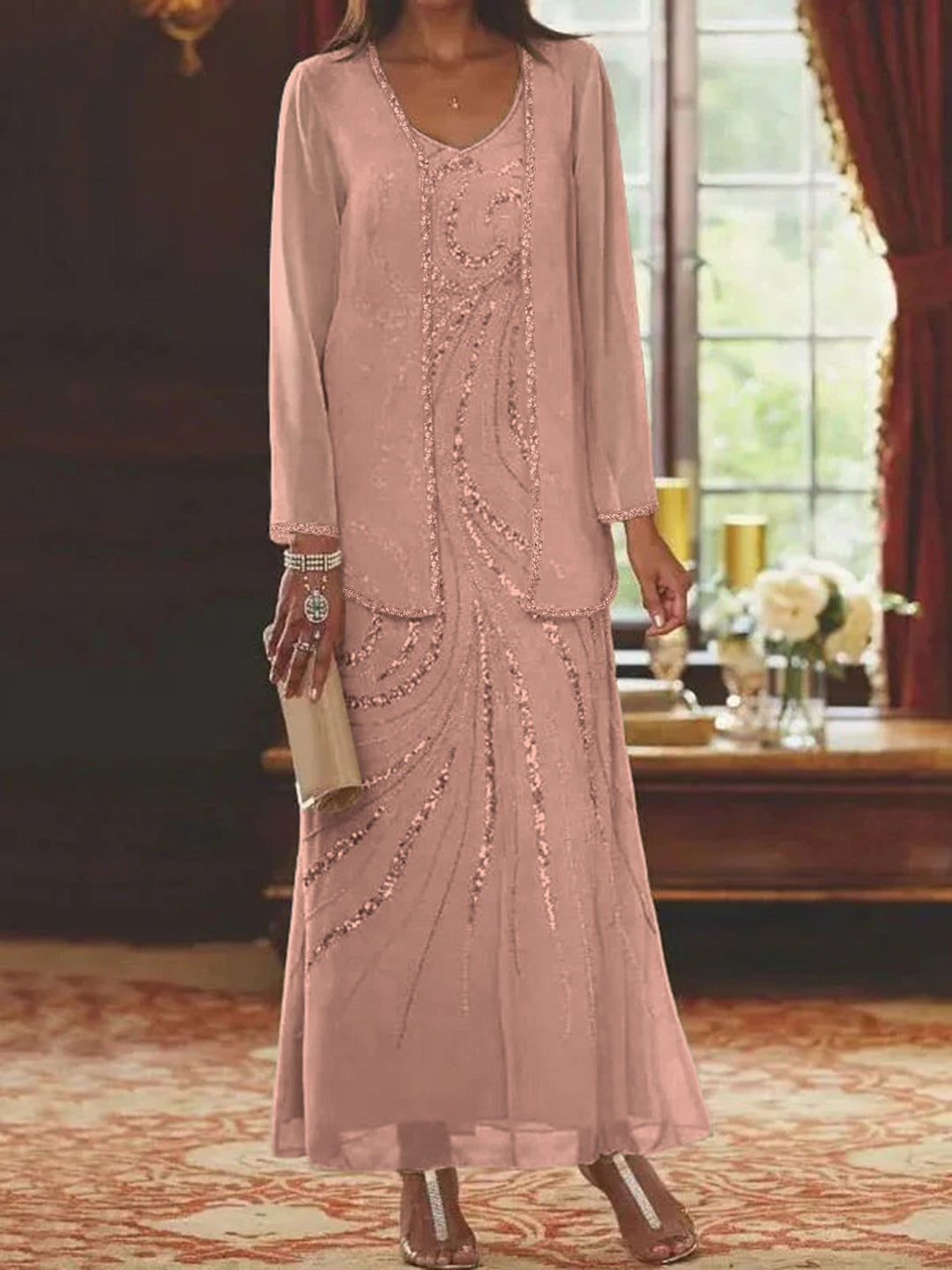 Robe Femme Élégante Longue Avec Veste Paillettes Col V Style Soirée Mariage
