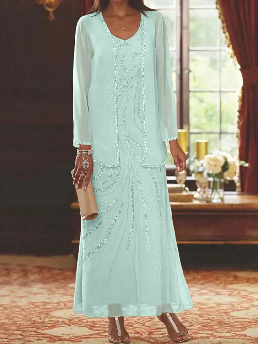Robe Femme Élégante Longue Avec Veste Paillettes Col V Style Soirée Mariage