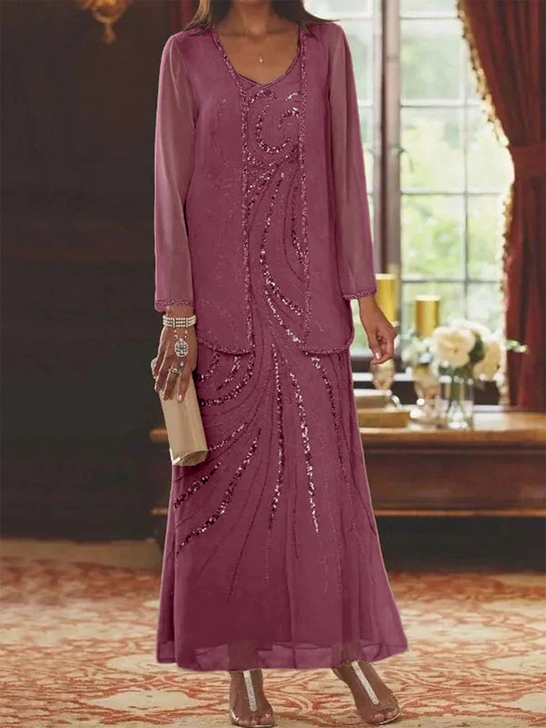 Robe Femme Élégante Longue Avec Veste Paillettes Col V Style Soirée Mariage