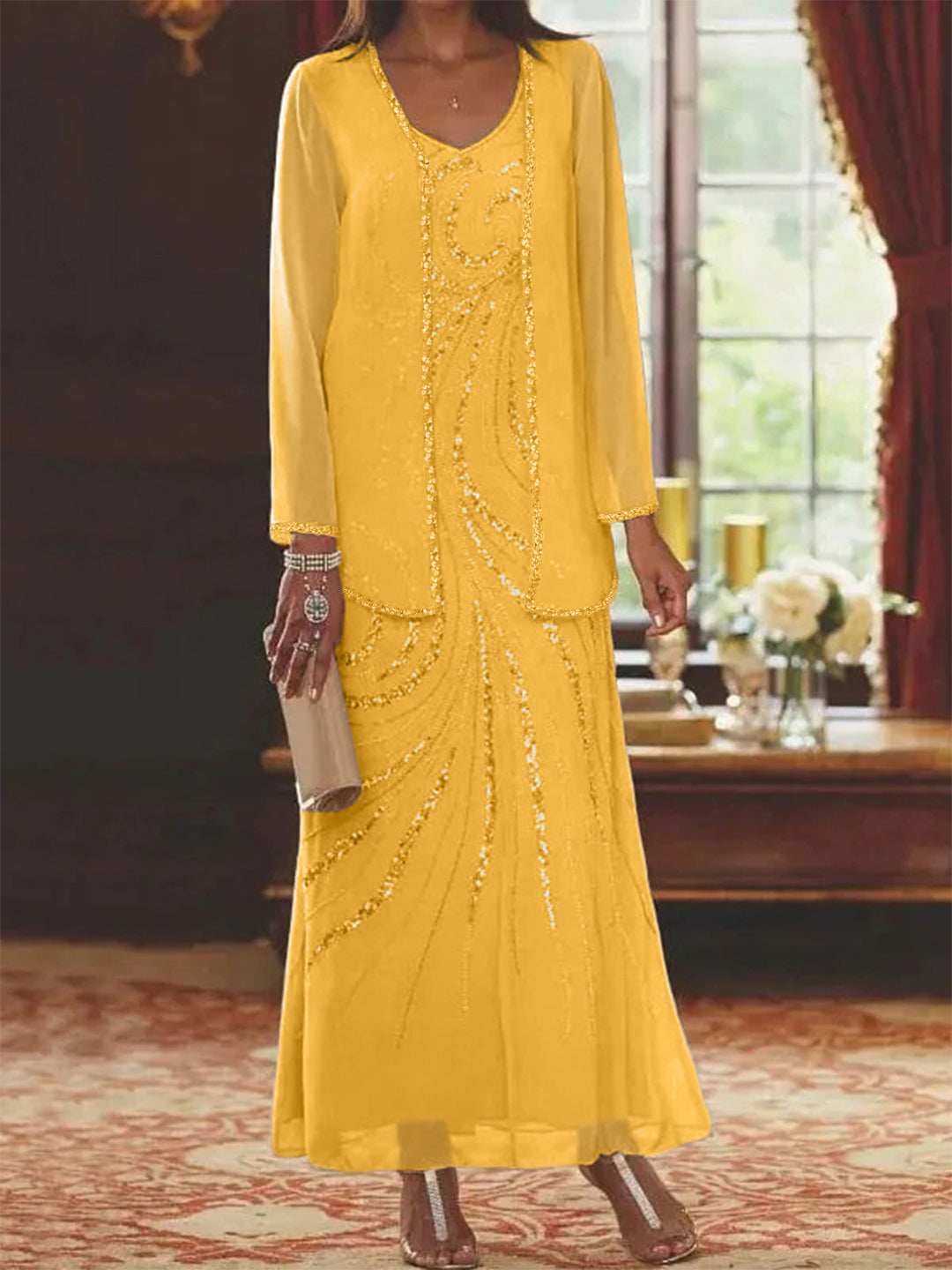 Robe Femme Élégante Longue Avec Veste Paillettes Col V Style Soirée Mariage