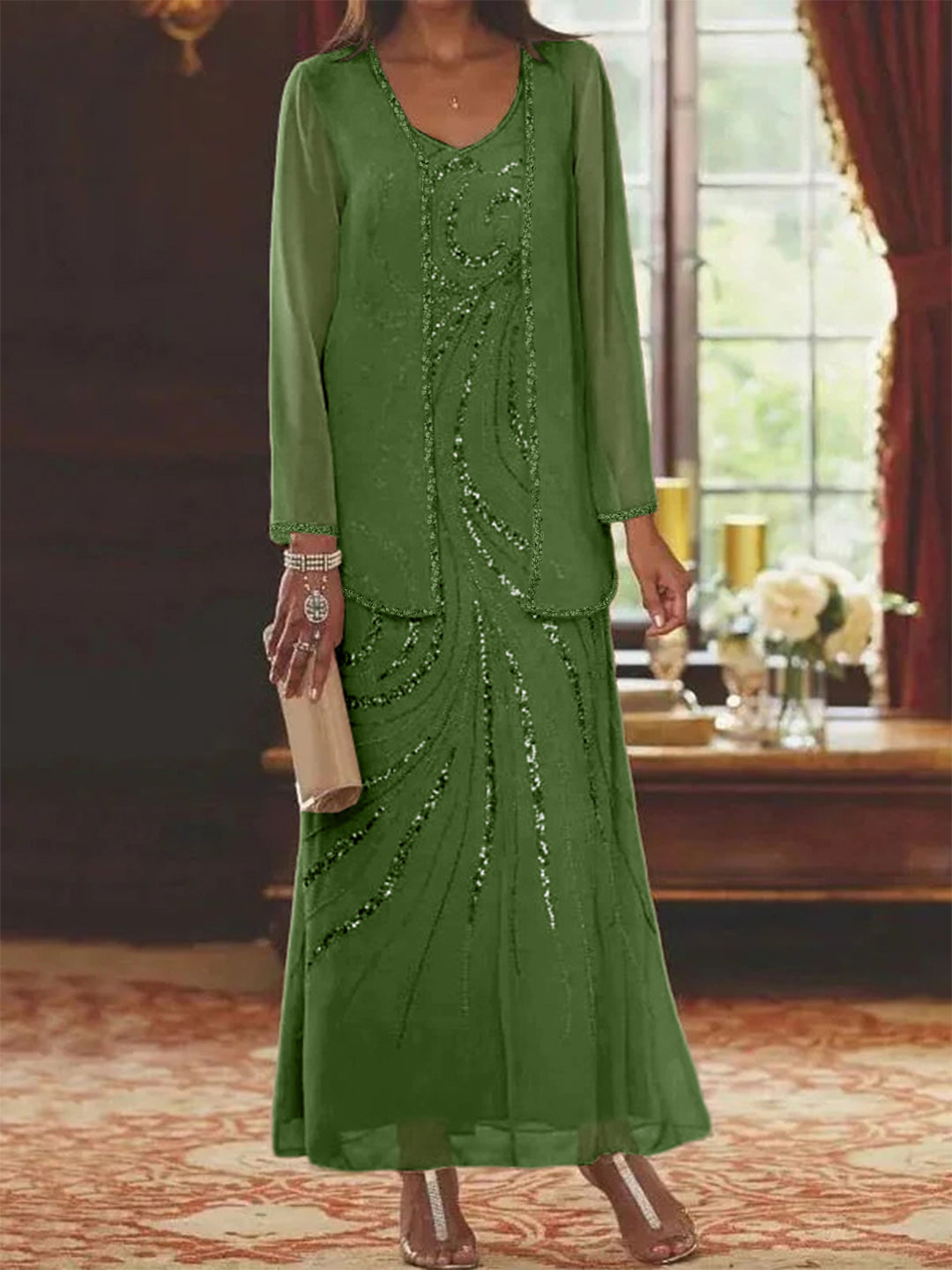 Robe Femme Élégante Longue Avec Veste Paillettes Col V Style Soirée Mariage