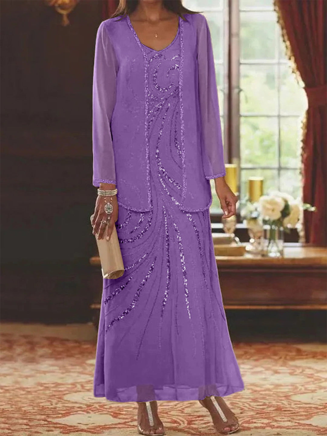 Robe Femme Élégante Longue Avec Veste Paillettes Col V Style Soirée Mariage