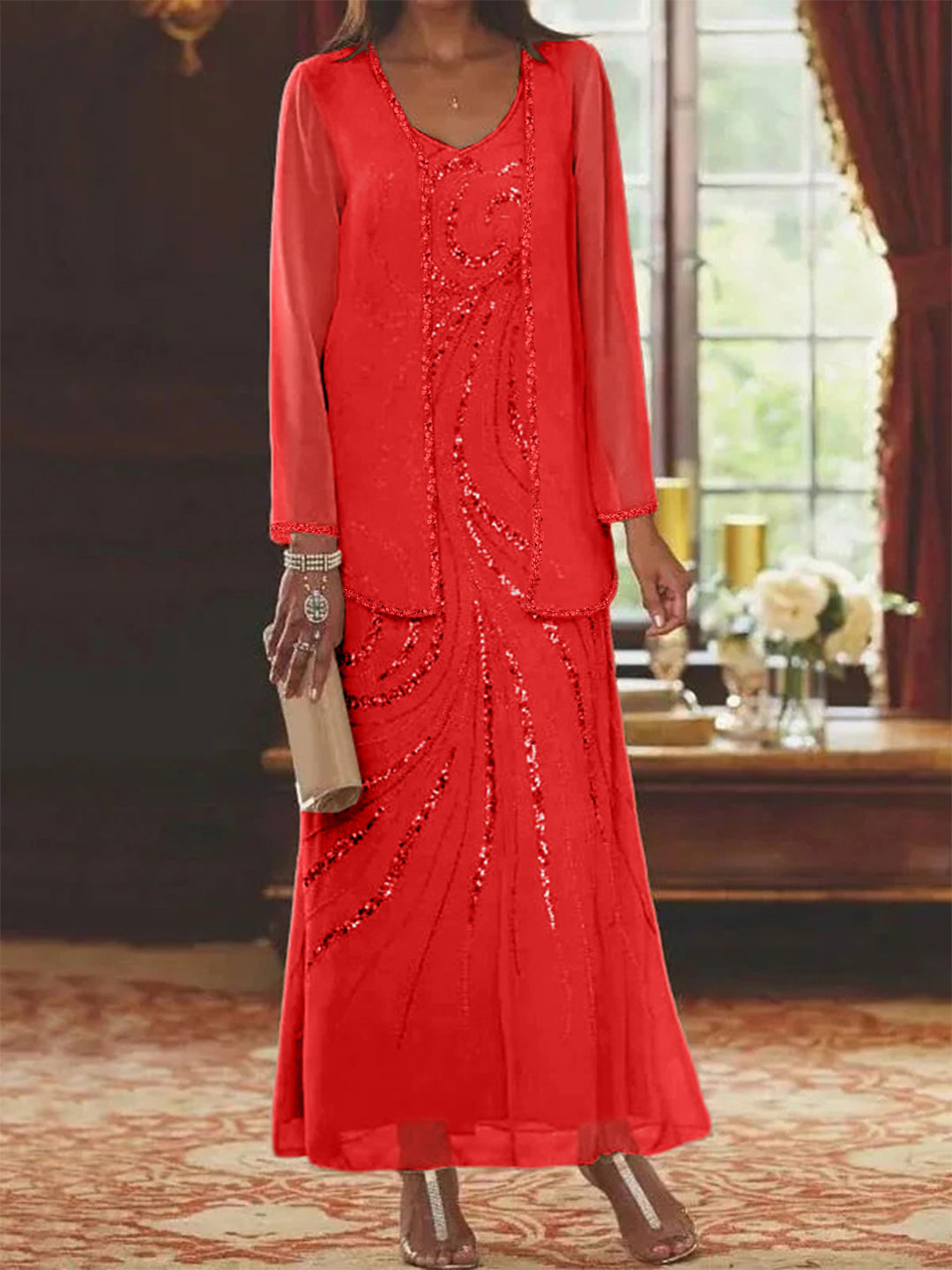 Robe Femme Élégante Longue Avec Veste Paillettes Col V Style Soirée Mariage
