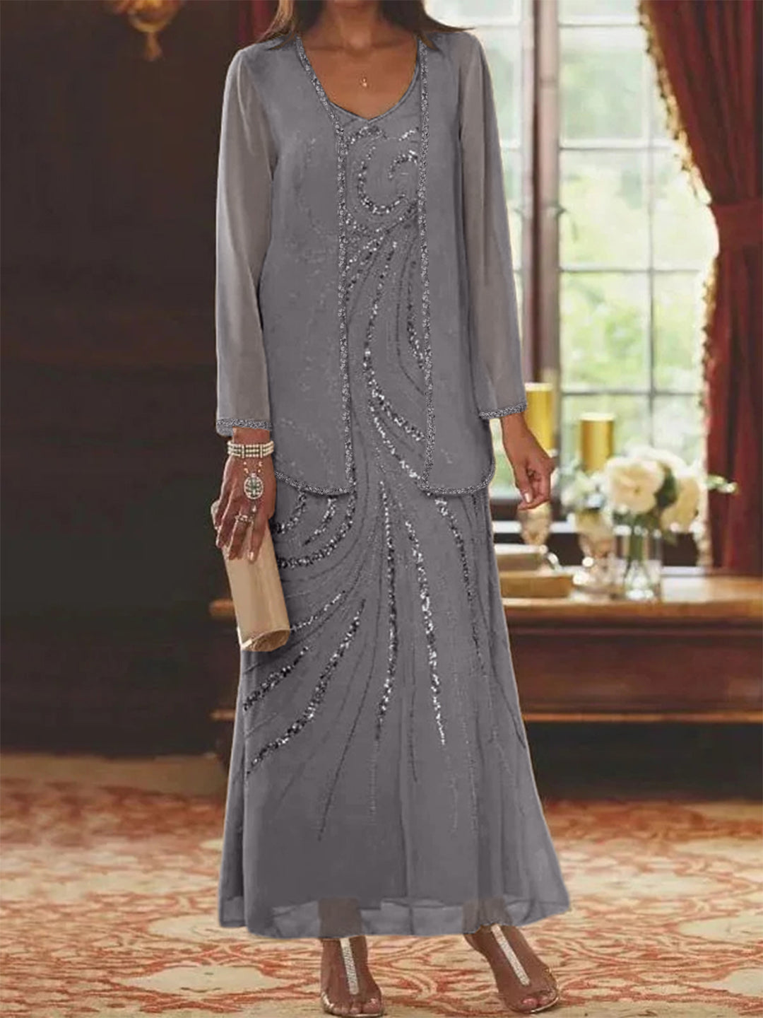 Robe Femme Élégante Longue Avec Veste Paillettes Col V Style Soirée Mariage