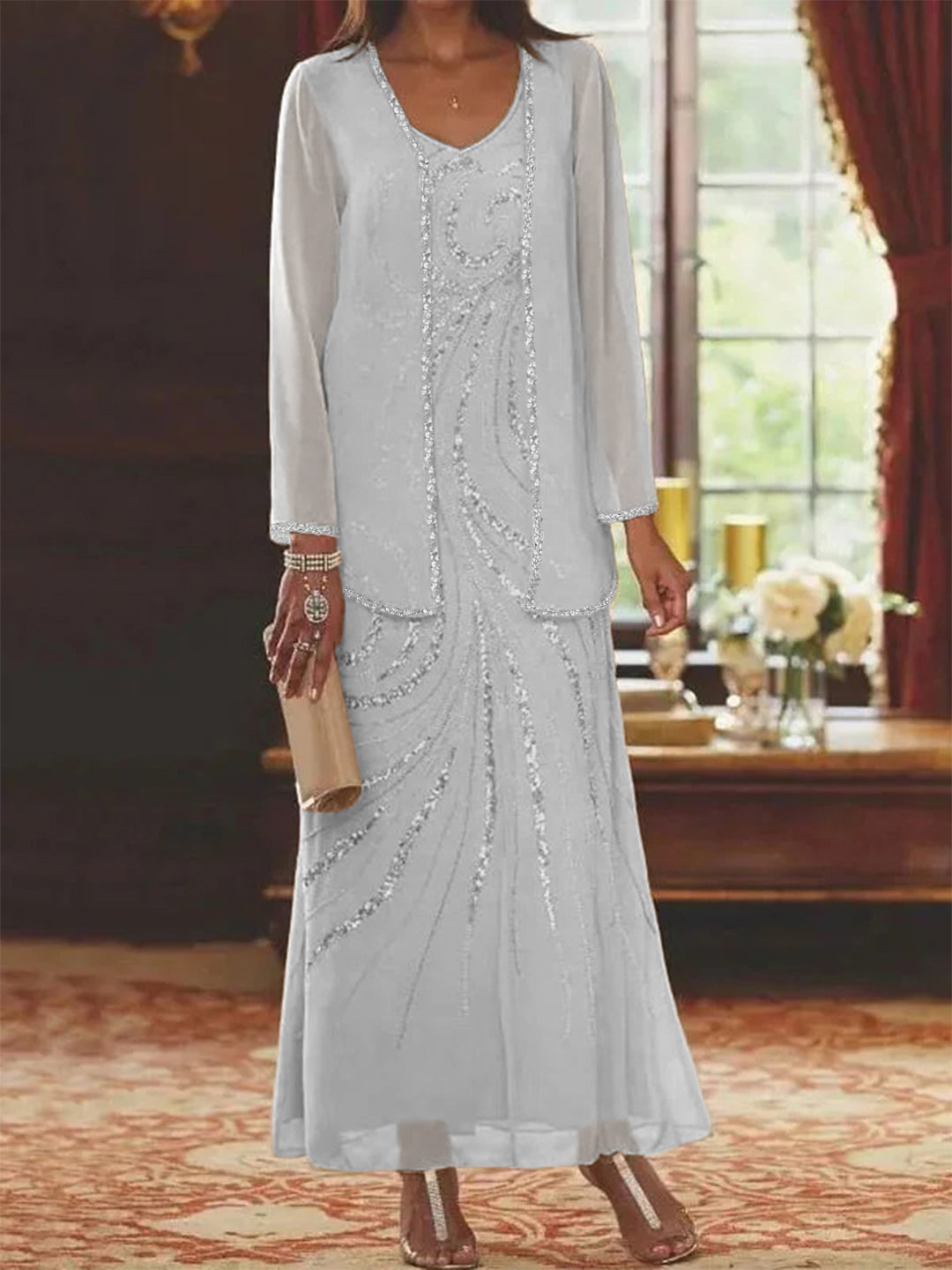 Robe Femme Élégante Longue Avec Veste Paillettes Col V Style Soirée Mariage