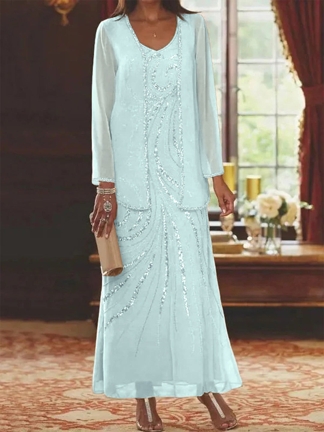 Robe Femme Élégante Longue Avec Veste Paillettes Col V Style Soirée Mariage