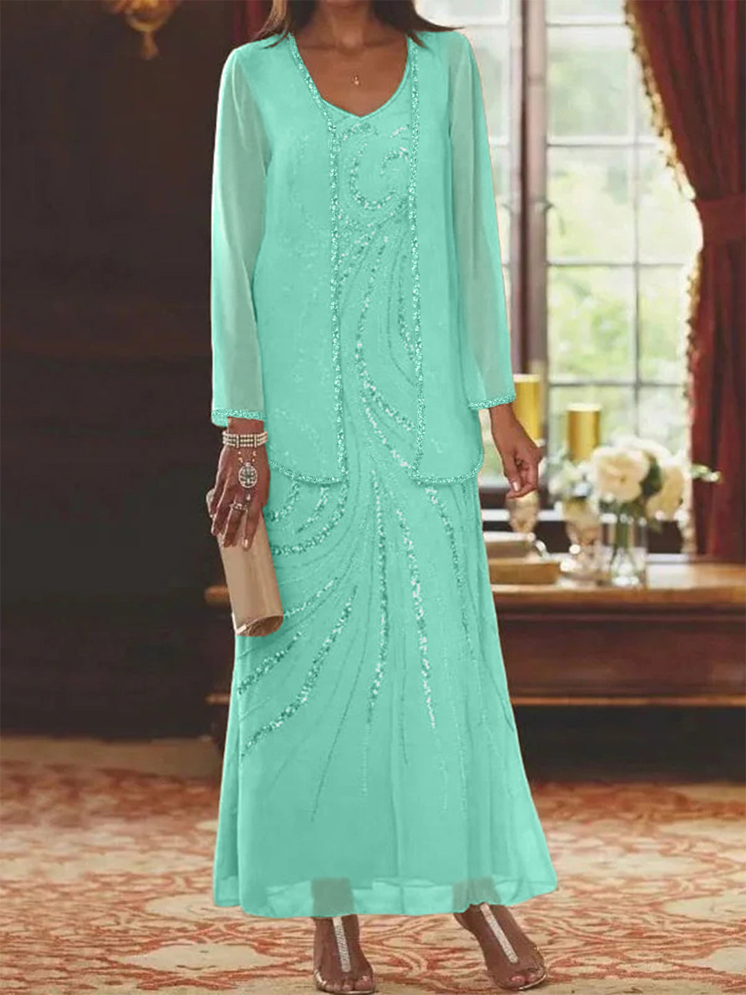Robe Femme Élégante Longue Avec Veste Paillettes Col V Style Soirée Mariage