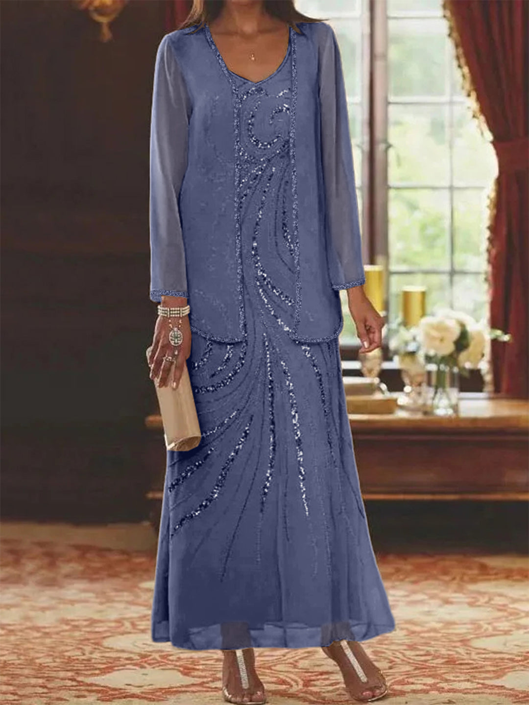 Robe Femme Élégante Longue Avec Veste Paillettes Col V Style Soirée Mariage